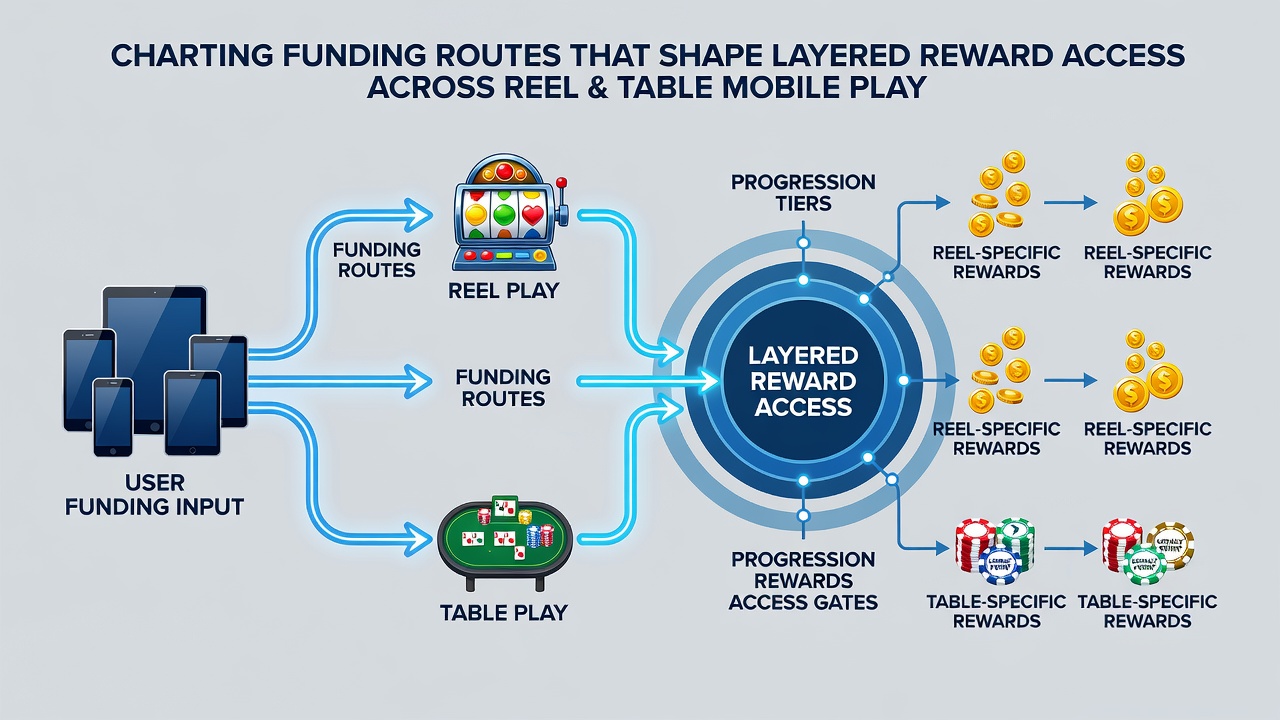 Diagram illustrating connections between funding methods, mobile gameplay formats, and progressive reward layers