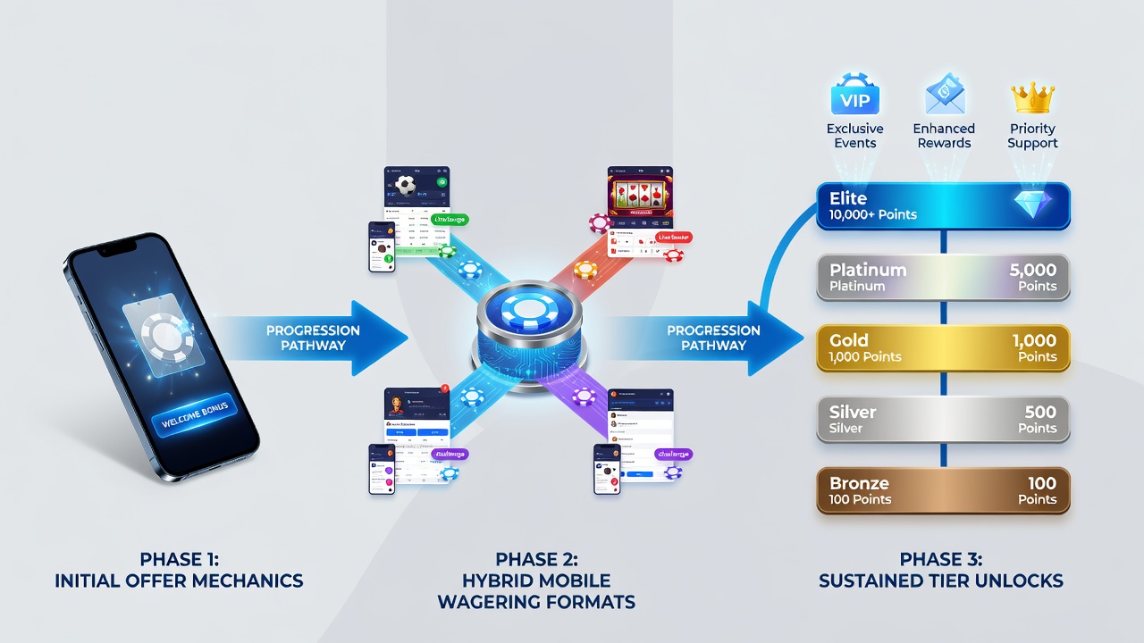 Dashboard view of tier progression bars and reward layers connecting mobile slots, live dealer tables, and sports betting activity