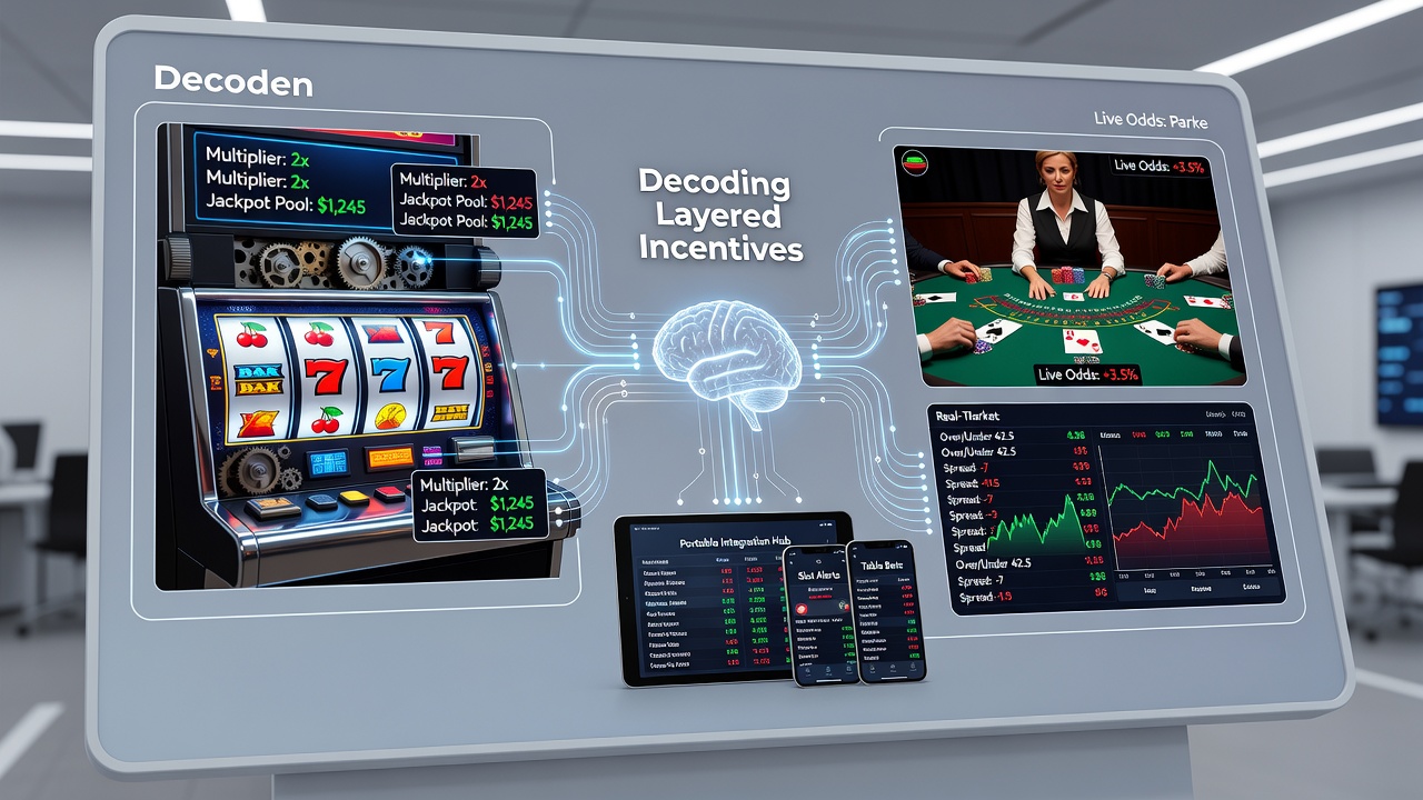 Illustration of portable platform screens showing reward tiers flowing from slots to live tables and into betting market interfaces