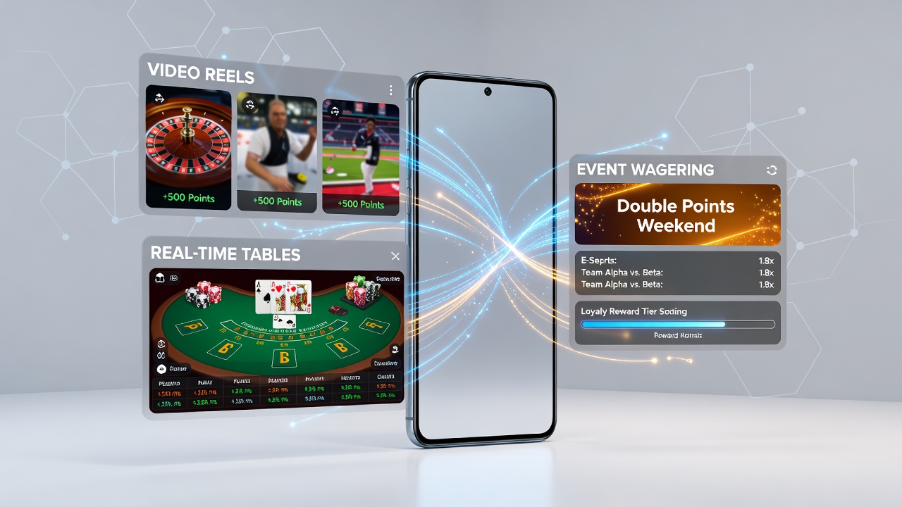 Infographic illustrating data flows between mobile slot reels, live tables, and sports event wagers with reward overlay arrows