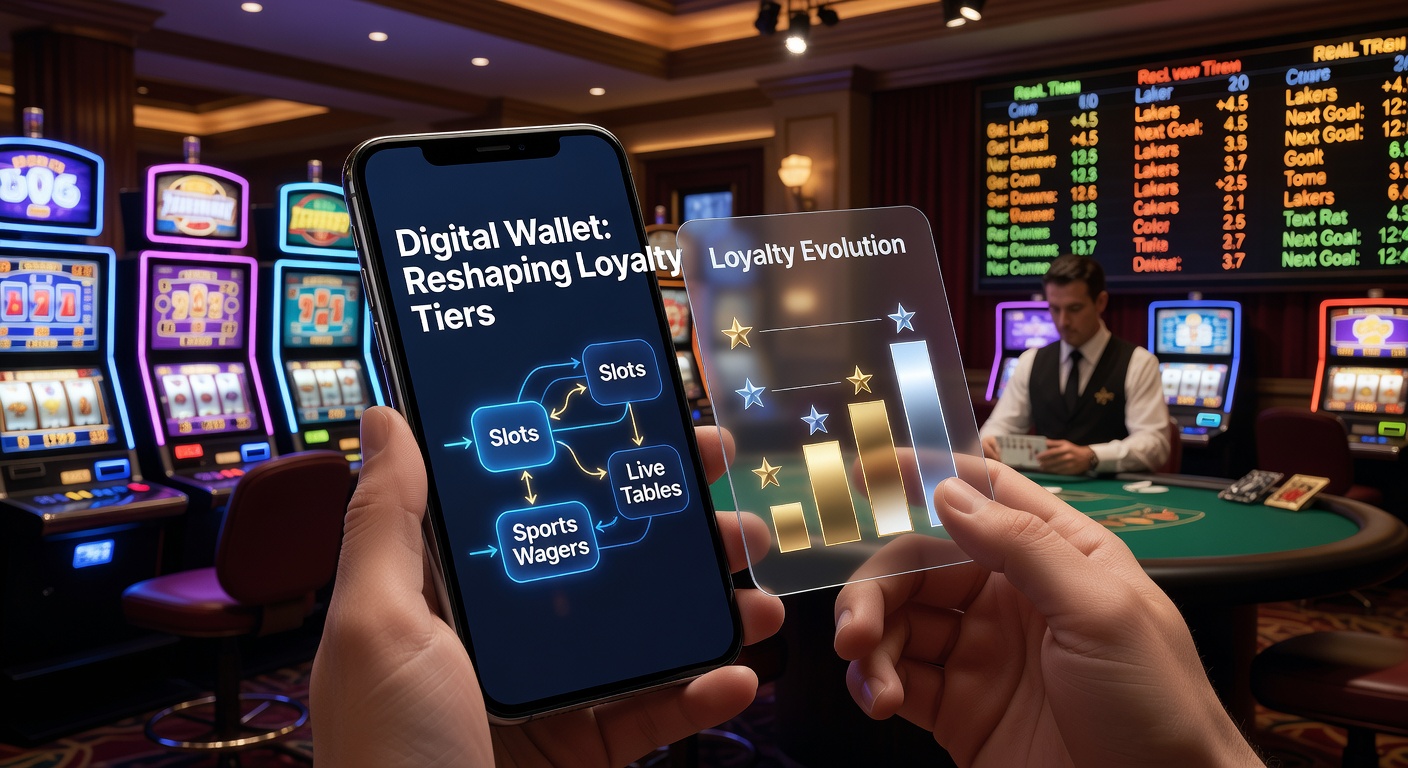 Mobile phone screen showing integrated digital wallet interface for casino slots, live tables, and sports wagers with loyalty tier progress indicators