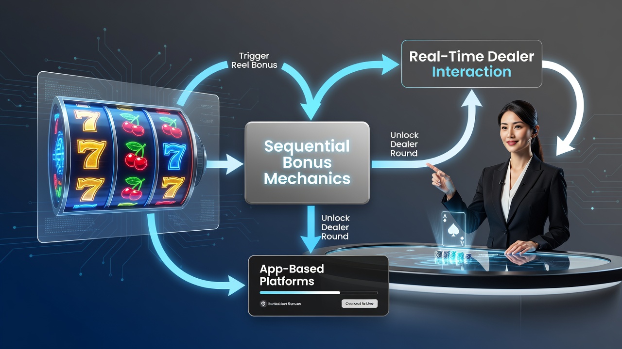 Mobile app interface showing sequential bonus progression from slot reels to live dealer table