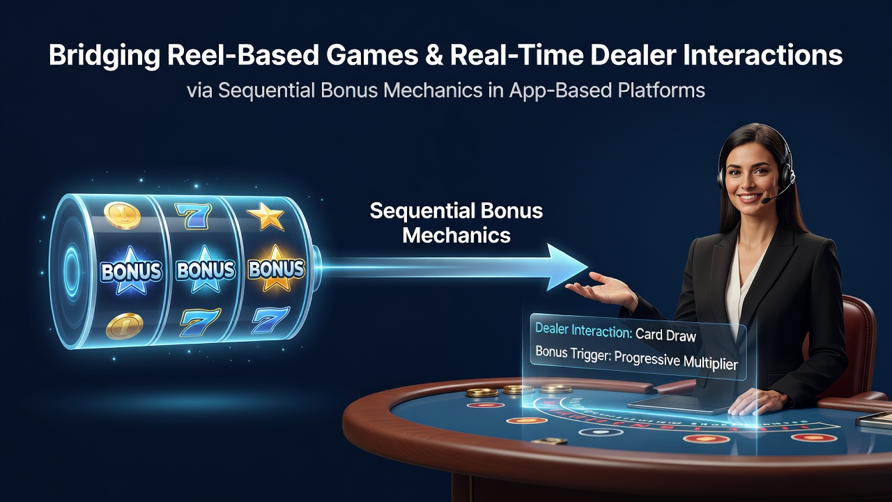 Illustration of bonus token transfer between slot reel screen and live dealer blackjack table on mobile device