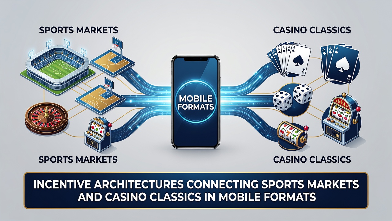Infographic illustrating reward flow between sports betting and casino games on mobile screens