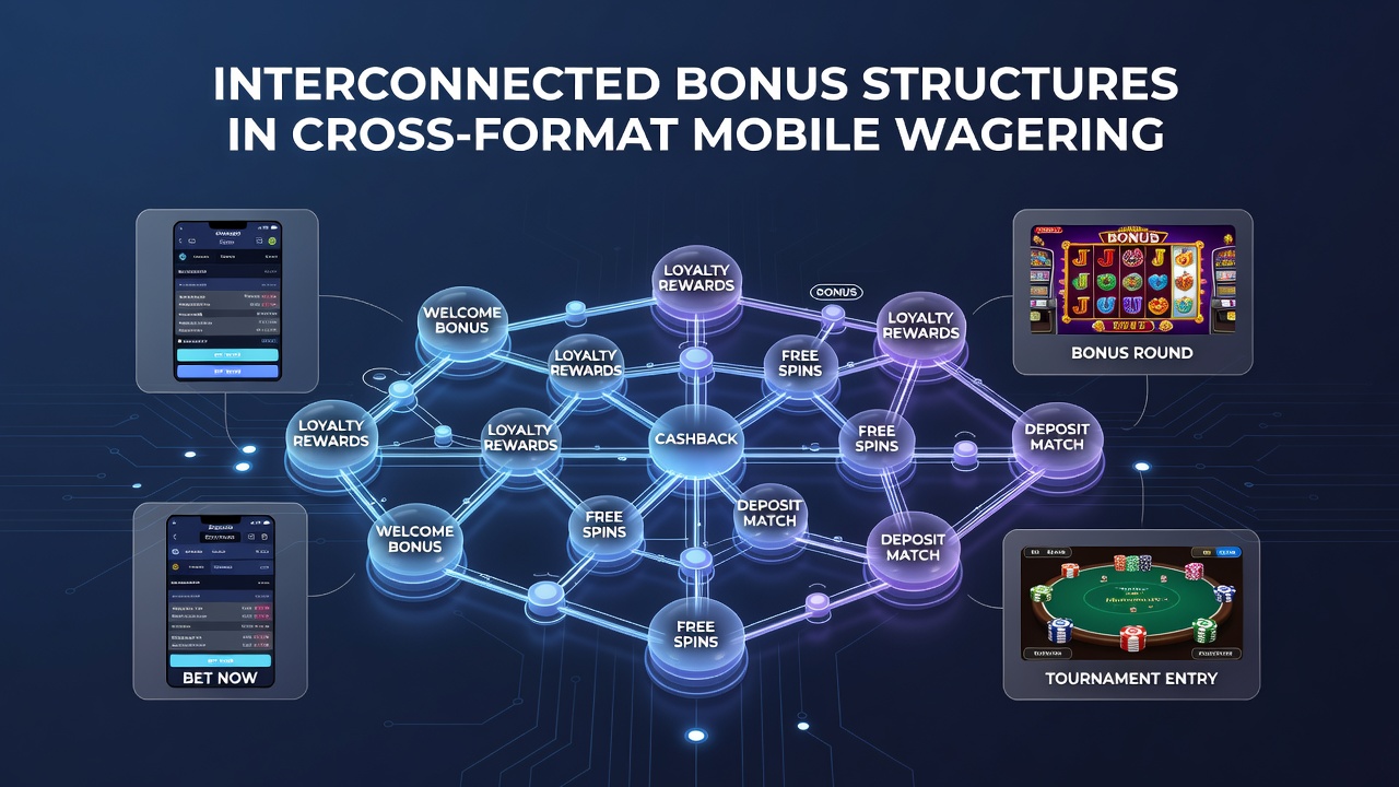 Mobile device screen displaying interconnected bonus dashboard with slots, tables, and betting options