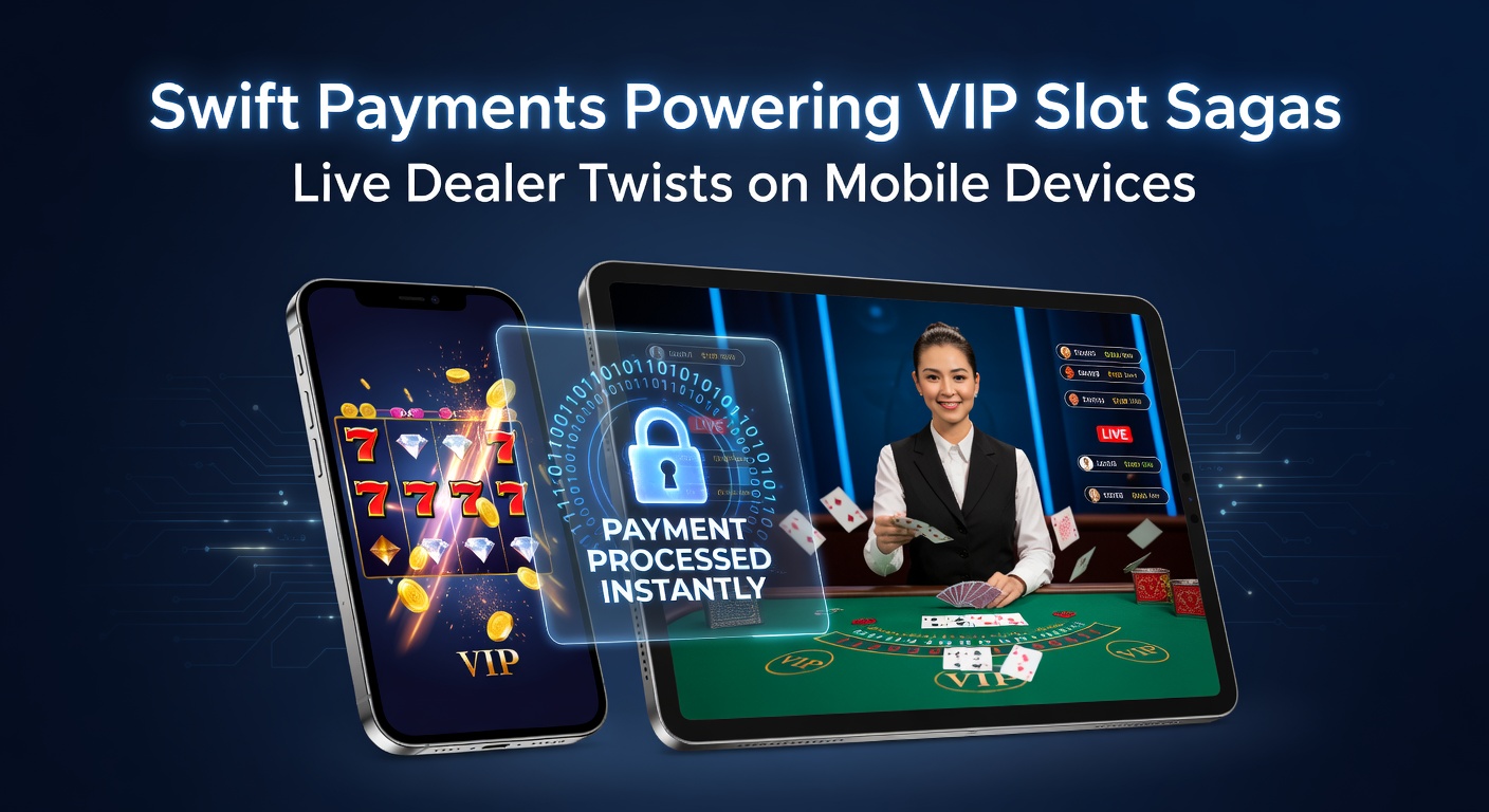 Vibrant mobile screen displaying a VIP slot saga with live dealer interaction and swift payment icons overlayed, capturing high-stakes excitement on the go
