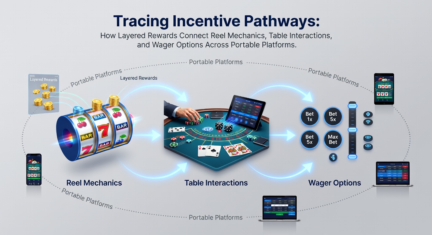 Infographic illustrating layered reward pathways linking slot reels, table games, and mobile wager options